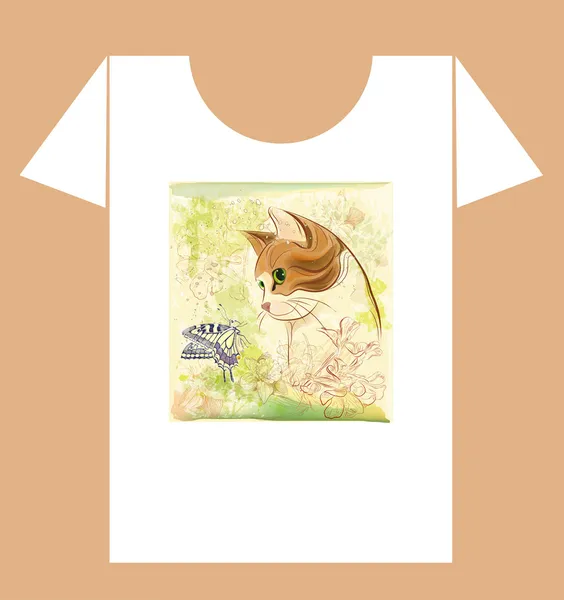 Kindliches T-Shirt-Design mit Katze und Schmetterling — Stockvektor