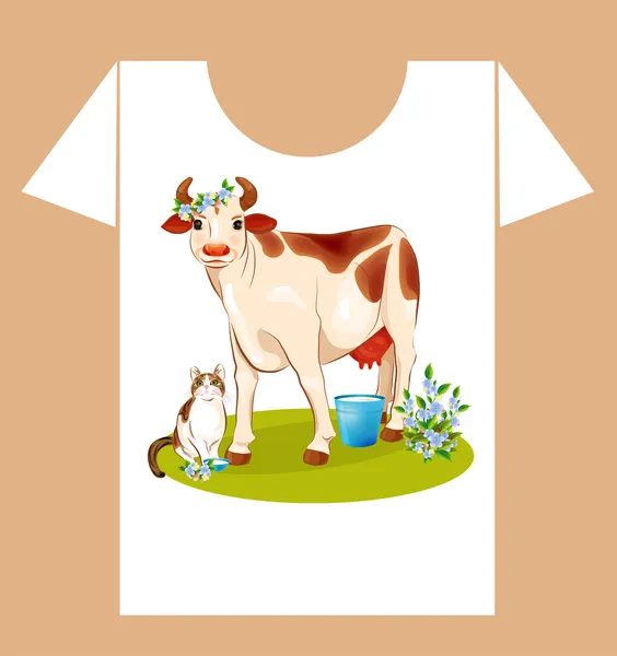 Детская футболка с счастливой коровьей и кошкой — стоковый вектор