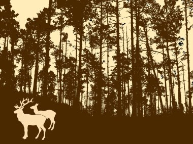 Silhouette of the deers in thick wood clipart