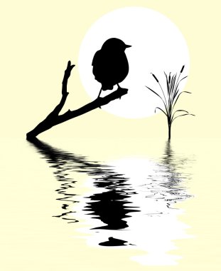 Small bird on branch tree amongst water clipart