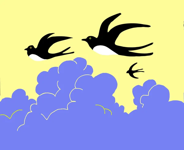Vetor desenho andorinha voando para céu nublado —  Vetores de Stock