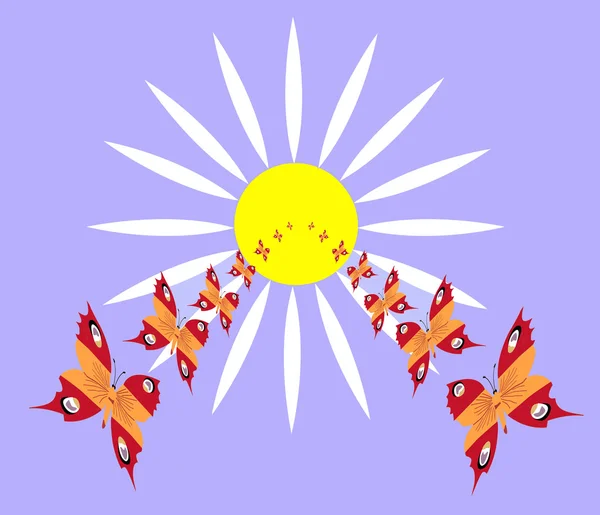太陽に飛んでベクトル抽象的な描画蝶 — ストックベクタ
