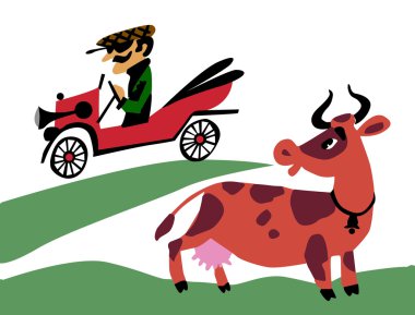 Old-time car on field clipart