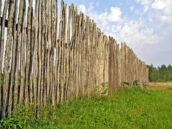 Old fence on green field — Stock Photo, Image