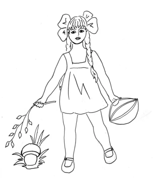 La silueta de la muchacha pequeña con la cesta — Vector de stock