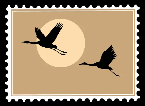 Grúa voladora en sellos postales. vector — Vector de stock