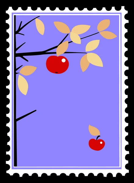 Pomme sur branche sur timbres-poste. vecteur — Image vectorielle