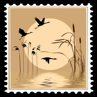 Vector silhouette flying birds on postage stamps clipart