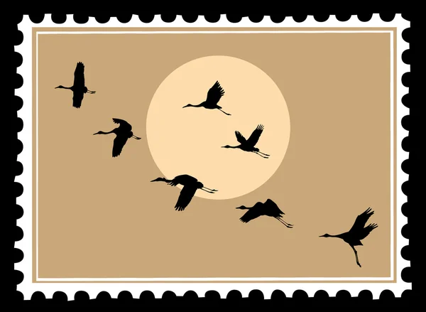 Vector silhouette flying cranes on postage stamps — Stock Vector