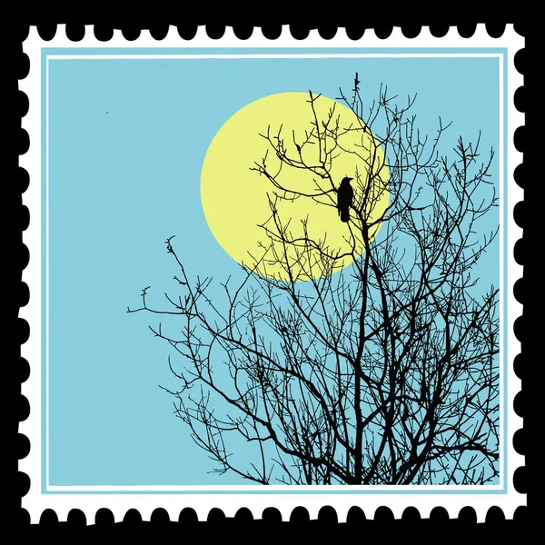 Vektor silhouette ravens fán a postai bélyegek — Stock Vector