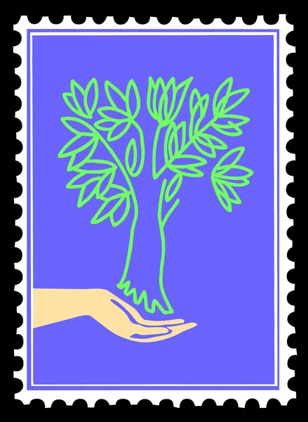 Albero sagoma vettoriale in mano sui francobolli — Vettoriale Stock