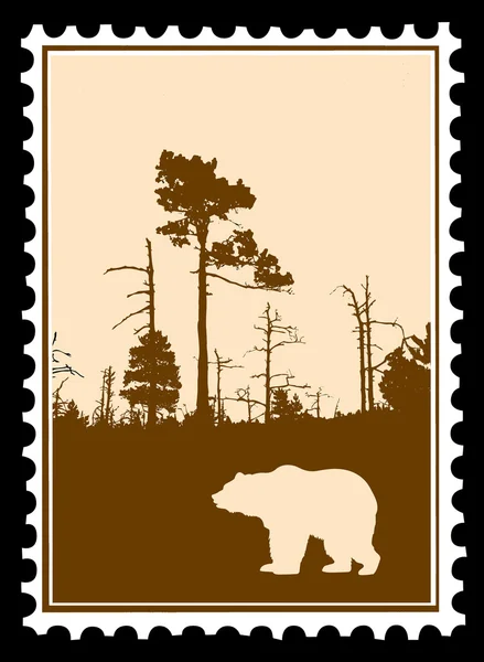 Διάνυσμα σιλουέτα αρκούδα στο ξύλο στα γραμματόσημα — Διανυσματικό Αρχείο