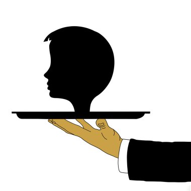 vector hand of the waiter with head on tray clipart