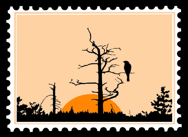 Sílhueta de vetor do pássaro em árvore em selos de correio — Vetor de Stock