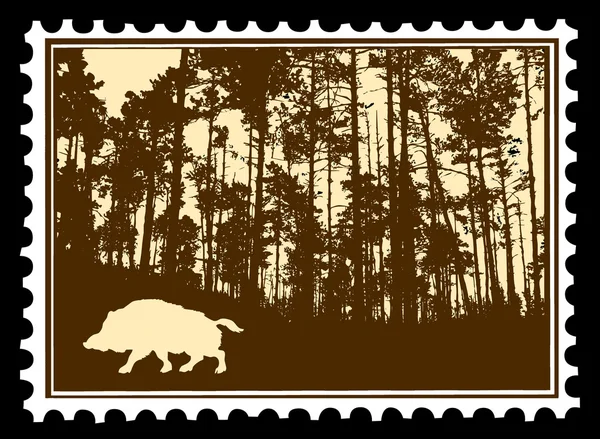 Vektorové siluetu divokého kance v lese na poštovní známky — Stockový vektor