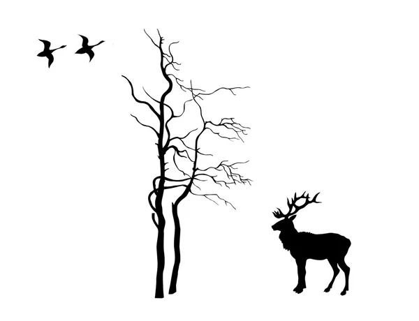 Vektorové silueta jelena u stromu na bílém pozadí — Stockový vektor