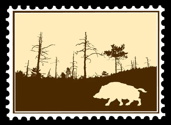Silhueta vetorial javali selvagem em selos postais — Vetor de Stock
