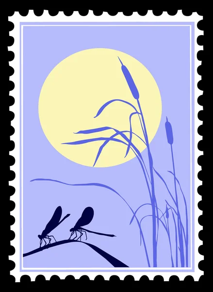 Silhouette vectorielle libellule sur timbres-poste — Image vectorielle