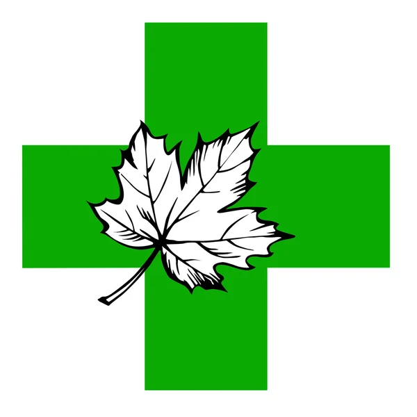 緑の十字架上のカエデの葉 — ストックベクタ