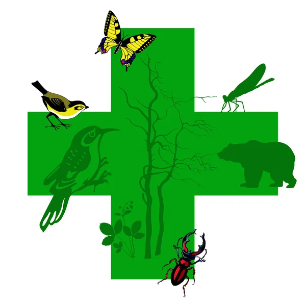 緑の十字架上のベクトル シルエット動物 — ストックベクタ