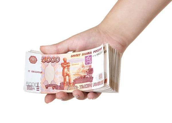 Montón de cinco mil billetes en la mano femenina . —  Fotos de Stock