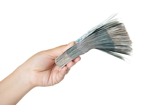 Stack of one thousandth bills in the female hand. — Stock Photo, Image