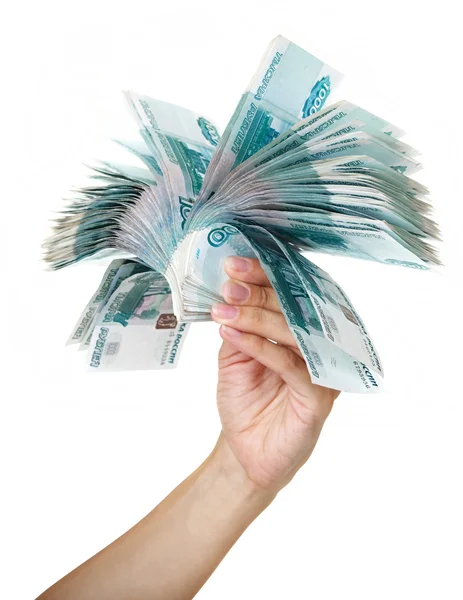 Montón de mil billetes en la mano femenina . — Foto de Stock
