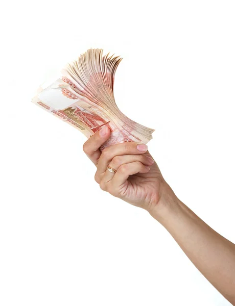 Stack of five thousandth bills in the female hand. — Stock Photo, Image