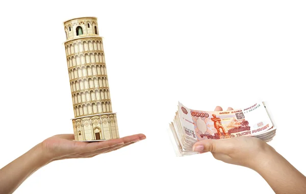 Model Tower of Pisa and a pack of five thousandth of notes in wo — Stock Photo, Image