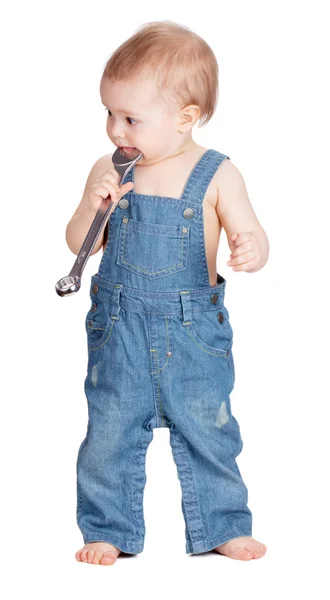 Kleine baby werknemer met moersleutel moersleutel — Stockfoto