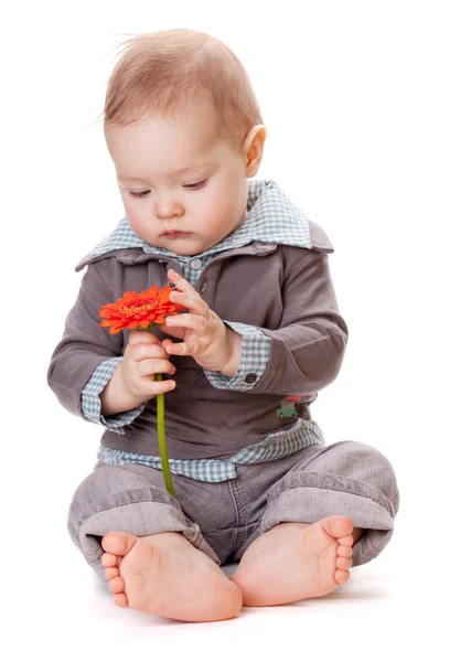 Small baby with orange flower — Stock Photo, Image