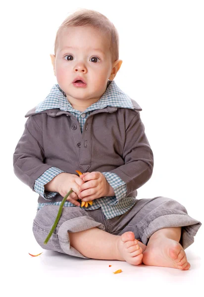 Baby met oranje gerbera — Stockfoto