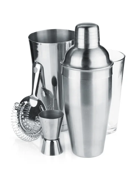 Cocktail shakers, strainer and jigger — Stock Photo, Image