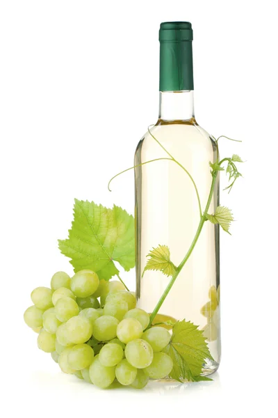 Біла пляшка вина і виноград — стокове фото