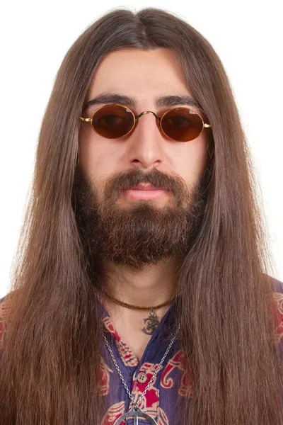 Uomo hippie dai capelli lunghi in un bicchiere — Foto Stock