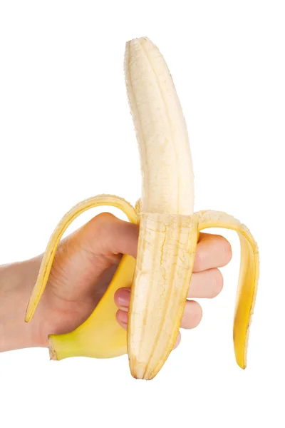 Plátano maduro en la mano sobre fondo blanco — Foto de Stock