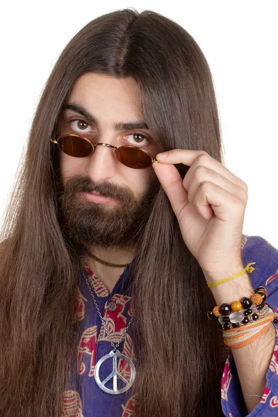 Μακρυμάλλης hippie άνθρωπος με τα γυαλιά — Φωτογραφία Αρχείου