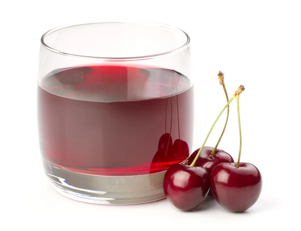 stock image Cherries and a glass of cherry juice isolated on white