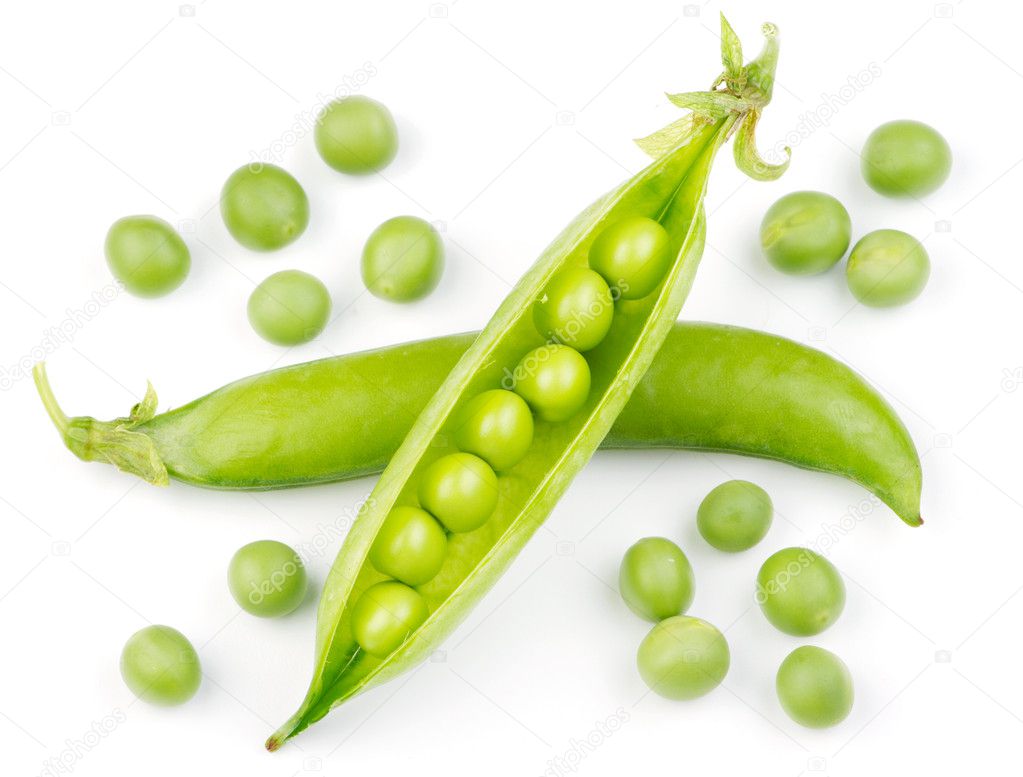 Fresh green pea pod over white background