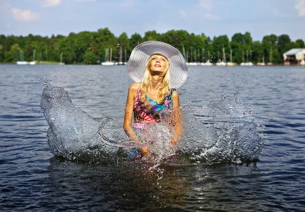 stock image Beautiful blond model standing on water. Outdoor conceptual photo.