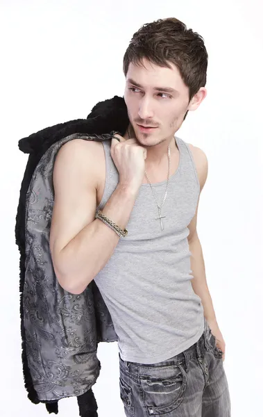 Man in a fur coat. Fashion photo. — Stock Photo, Image