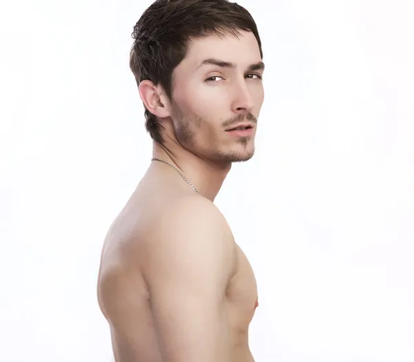 Piękna brunetka facet z atletyczna budowa ciała biały. — Zdjęcie stockowe