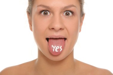 Woman puts out the tongue with an inscription yes clipart