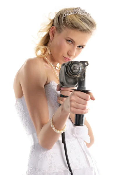 Offended bride with drill — Stock Photo, Image