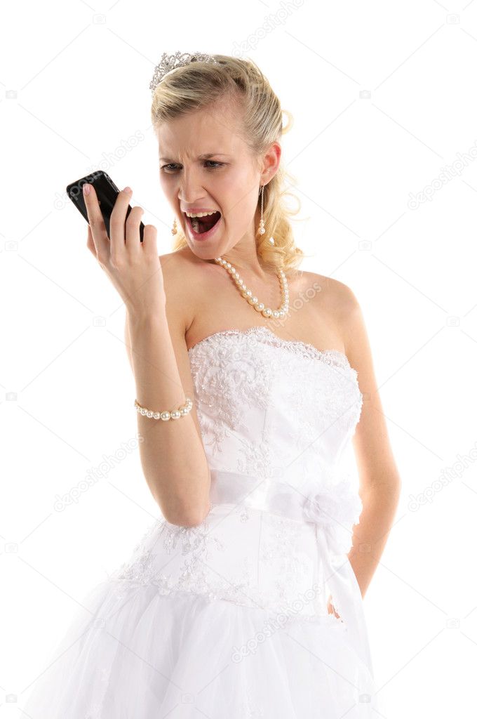 Dissatisfied bride with mobile phone