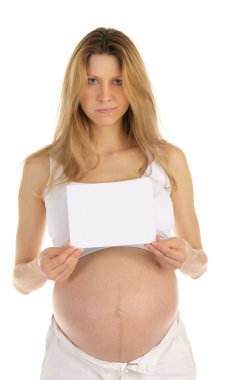 Dissatisfied pregnant woman with a blank form clipart