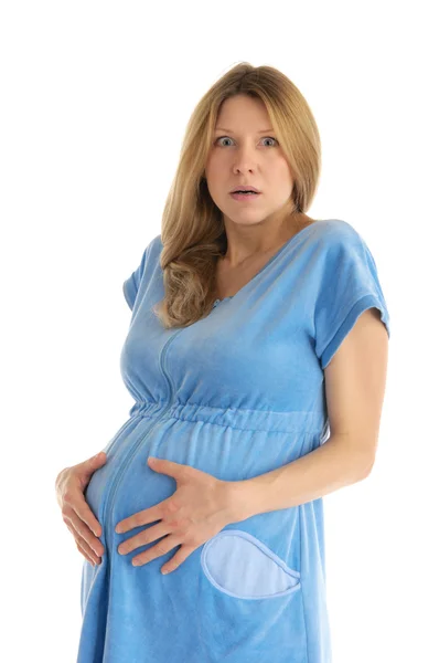 Mulher grávida surpreendida em roupão de banho — Fotografia de Stock
