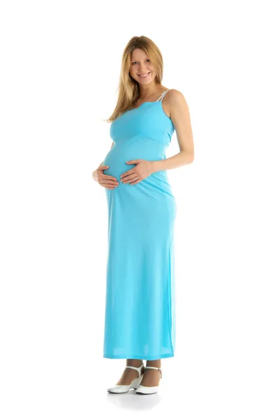 Joyeux enceinte femme en robe bleue — Photo