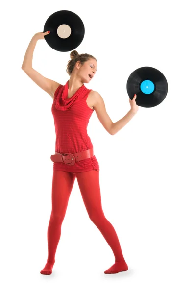 stock image Young woman with vinyl records