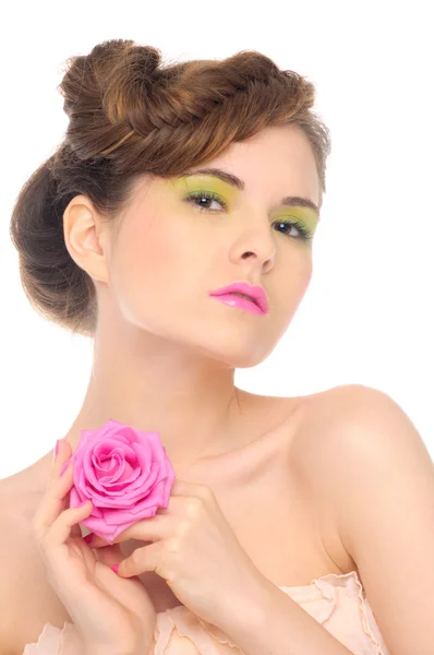 Linda loira com rosa rosa — Fotografia de Stock